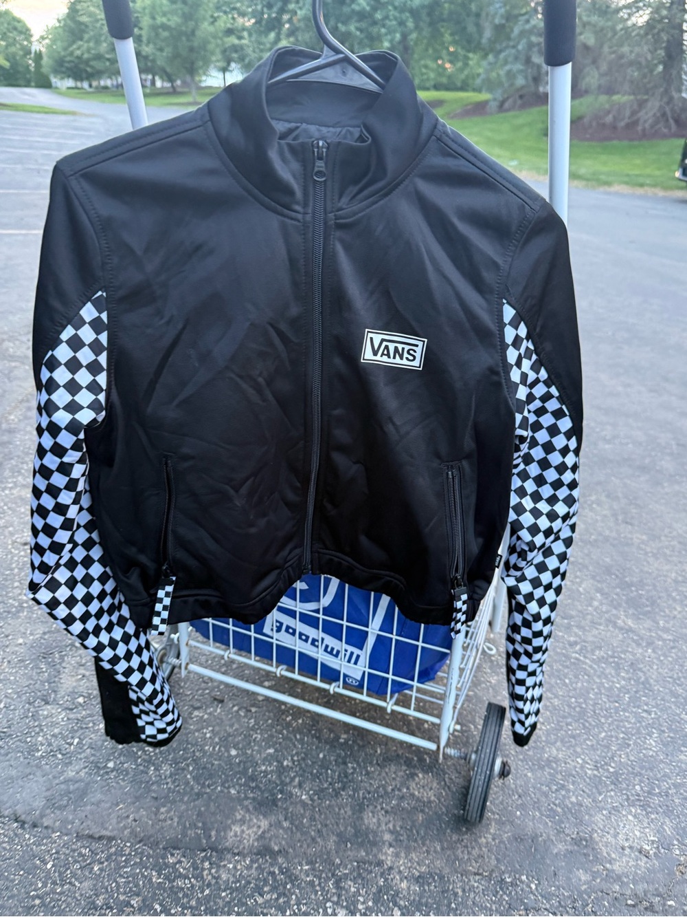 Vans Black Jacket with Black-and-White Checkerboard Sleeves-size adult XS